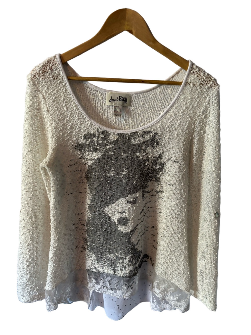 Joseph Ribkoff Popcorn Knit Tunic Mixed Media Sweater 8 Artsy Woman Lace Bow